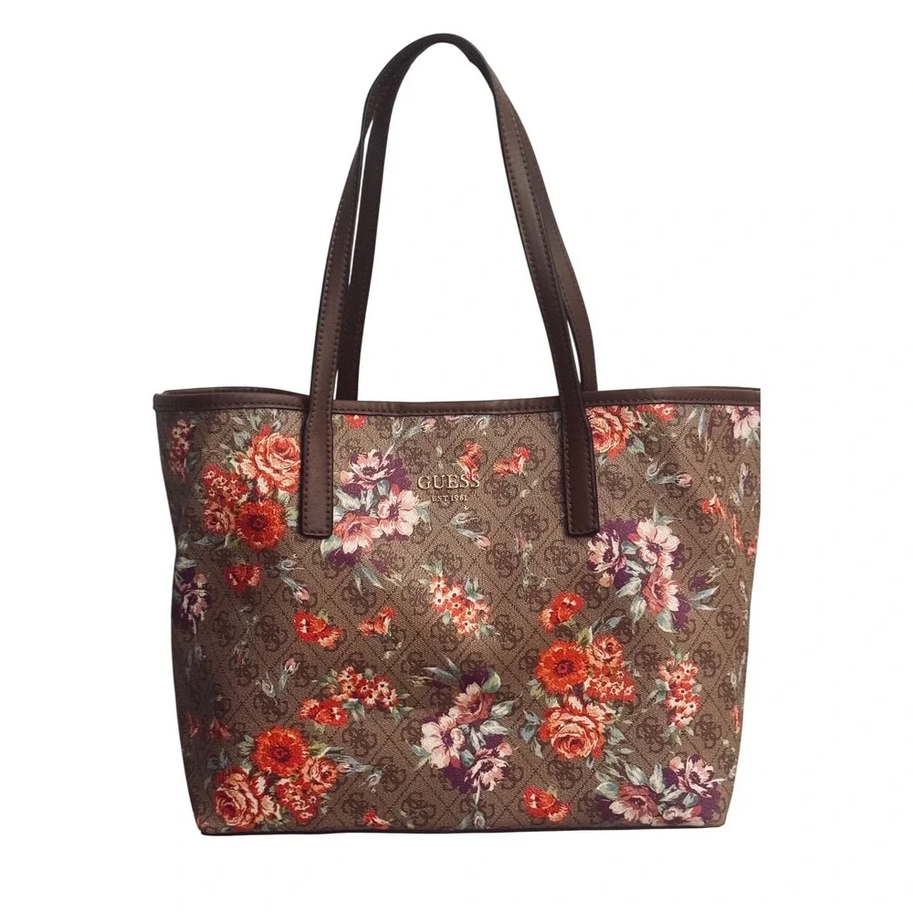 Guess Vikky floral Monogram‎ Tote Bag Brown Rose Print FL699523 11x13x6